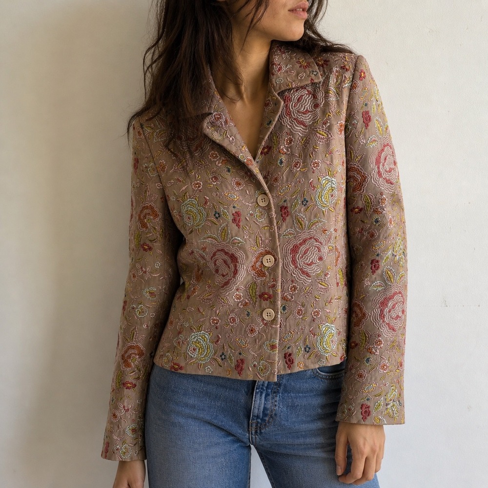 Johnny Was Biya Beige Floral Embroidered Silk Jacket Blazer Small Cottage Boho